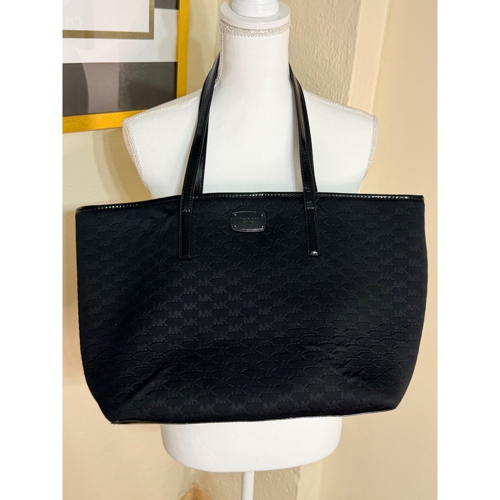Michael Kors Black Jacquard MK Logo Tote Bag Patent Leather Trim Shoulder Bag